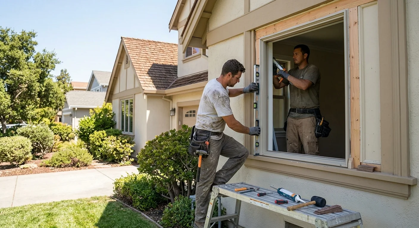 Contractor measuring a basement egress window opening during a Redwood City site assessment