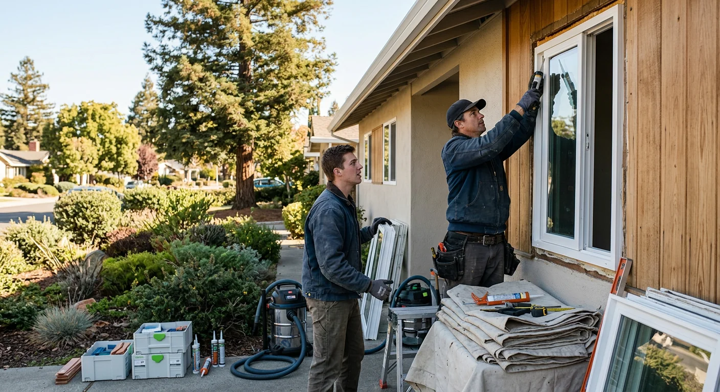 Installed basement egress window with drainage well on a Redwood City home exterior