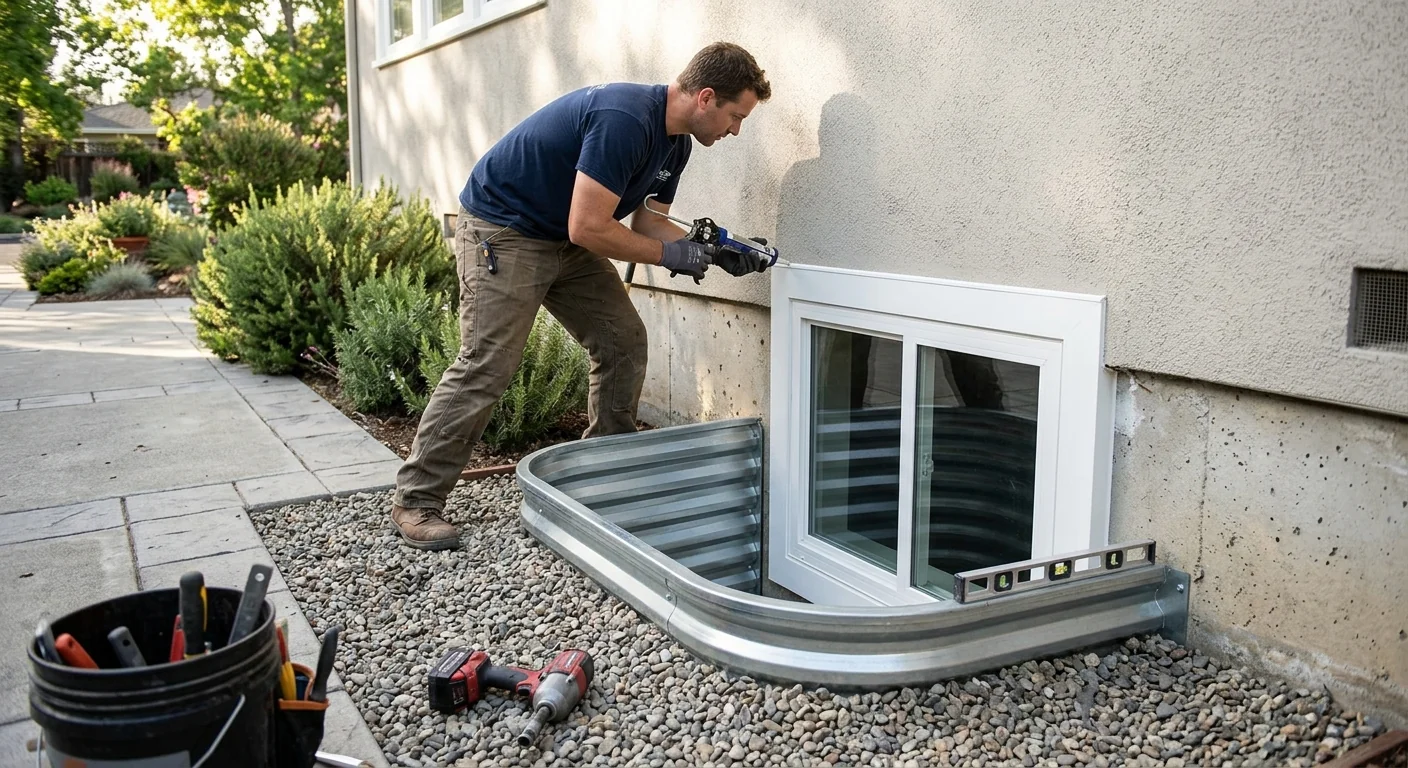 Finished basement egress window with clean trim and window well in a Redwood City home