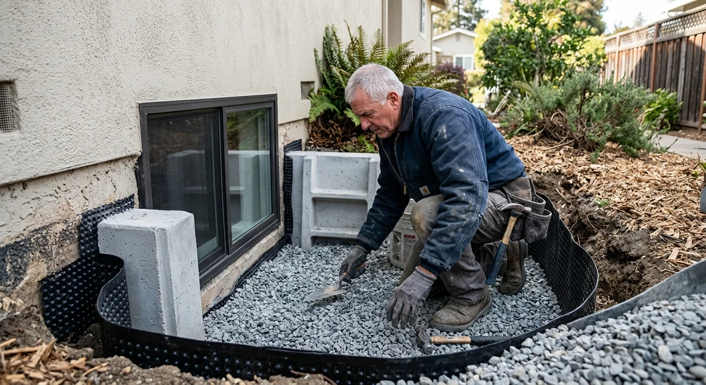 Close-up of egress window well with gravel drainage and waterproofing membrane