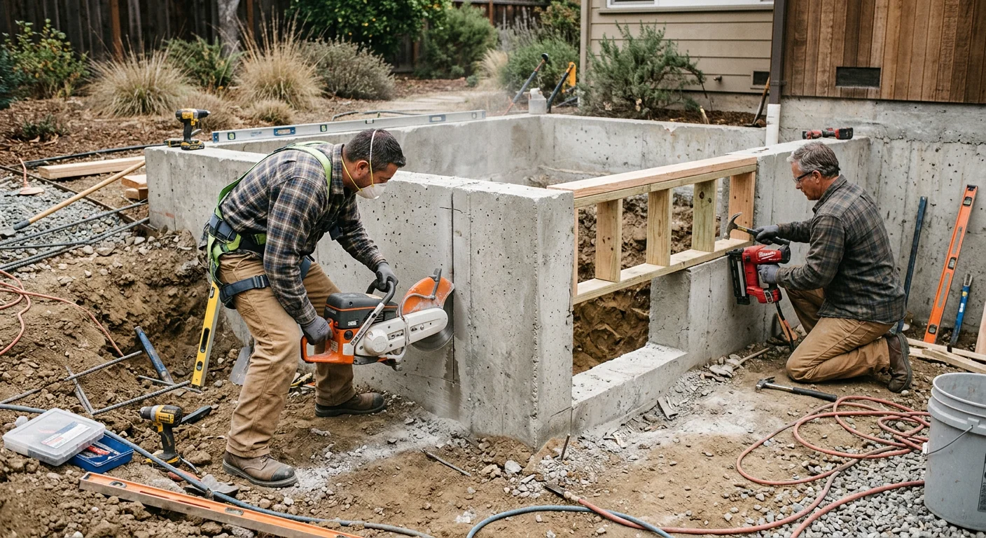 Concrete foundation opening cut and framed for egress window installation