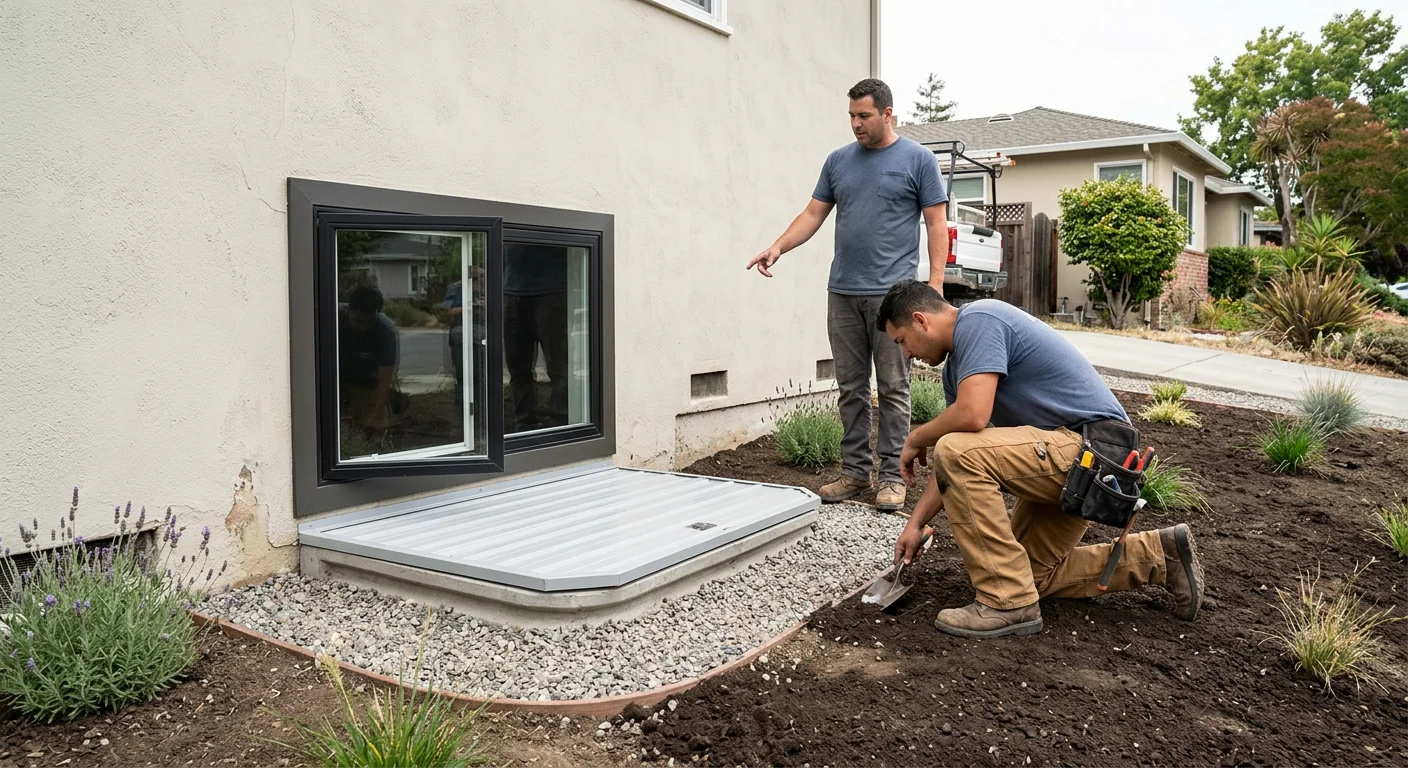 Wide shot of exterior wall with newly installed egress window and graded landscape