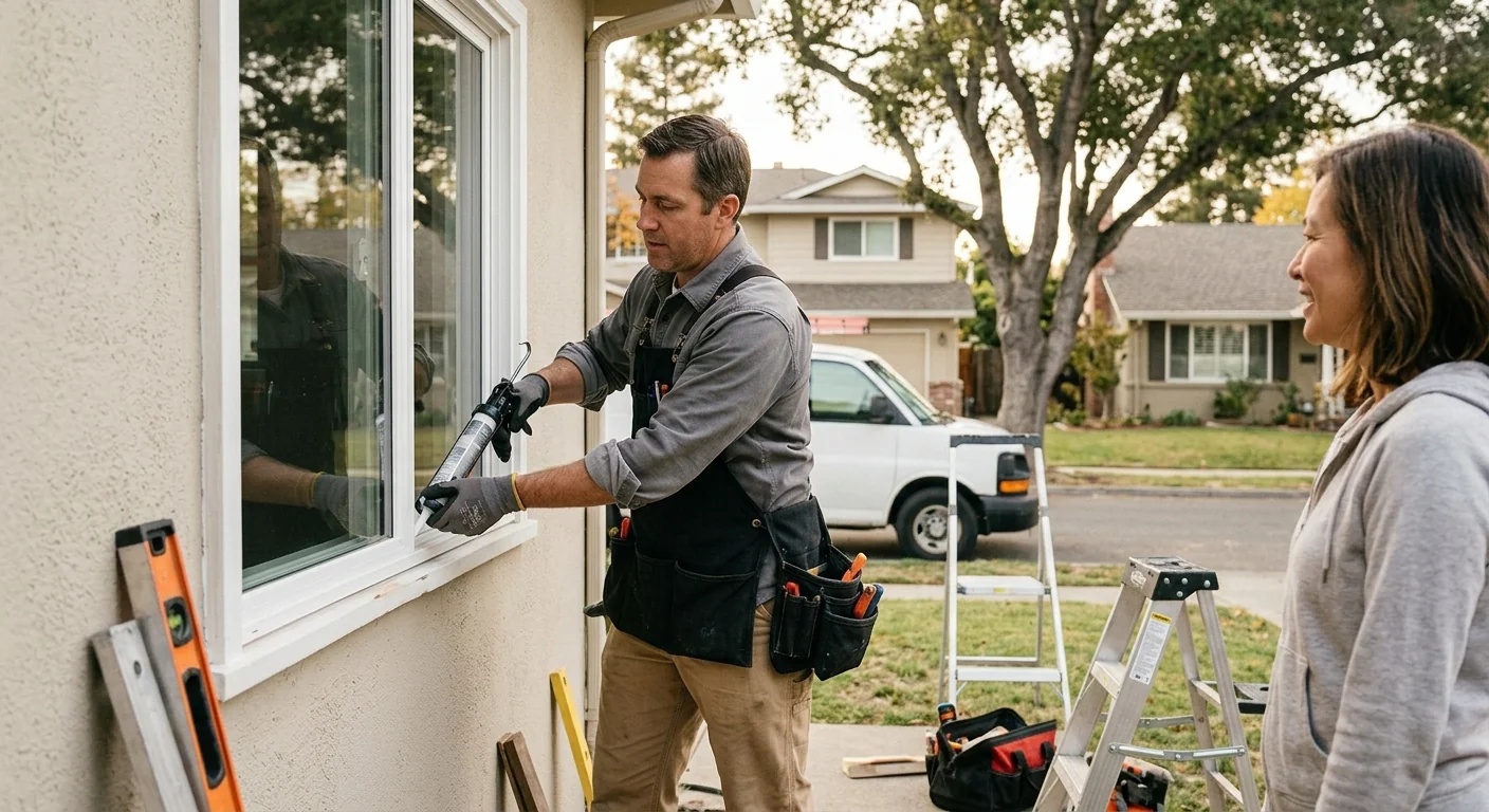 Technician setting a code-sized egress window well during a Redwood City install