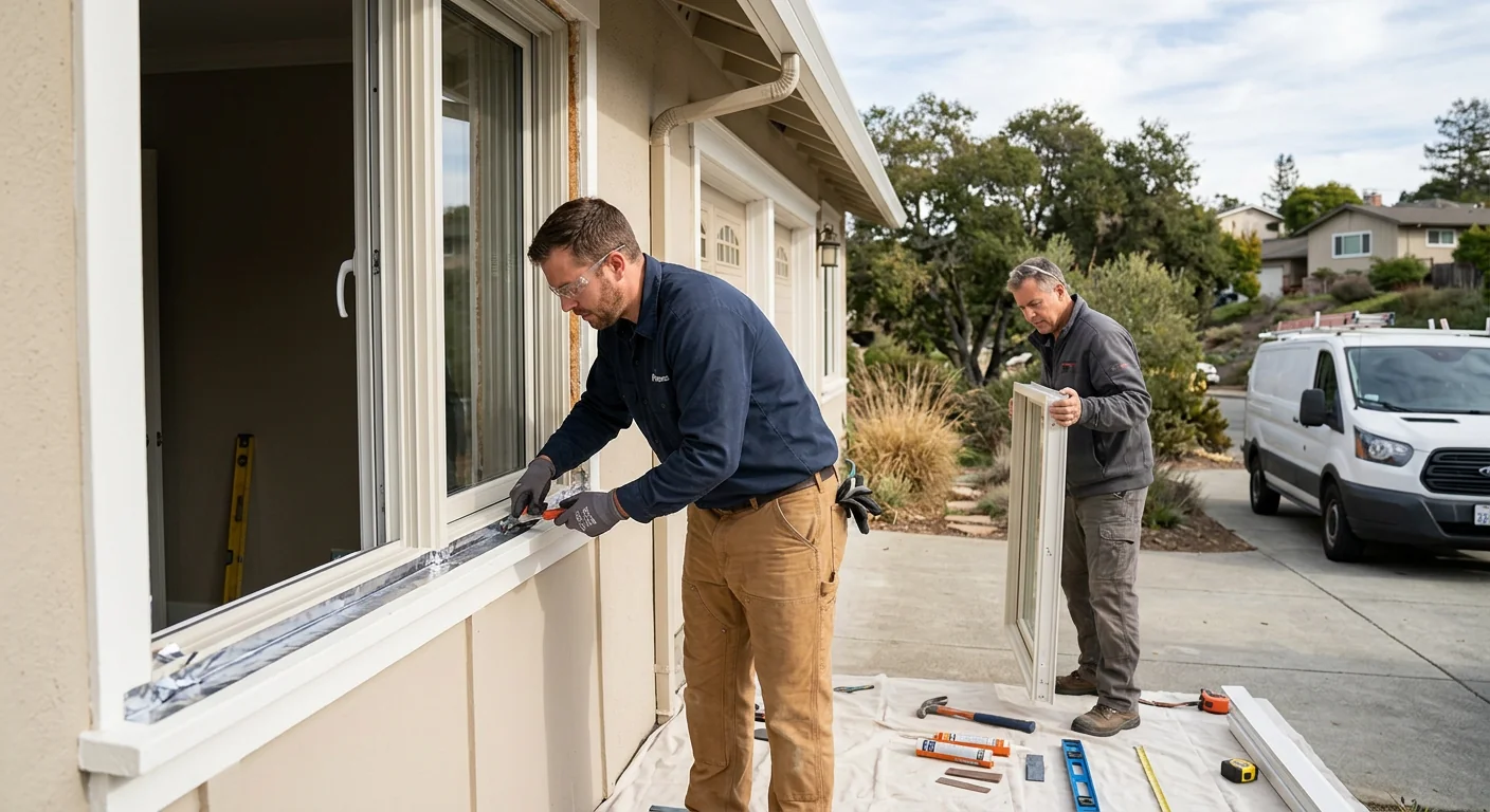 Technician measuring a window pane for glass replacement in a Redwood City home