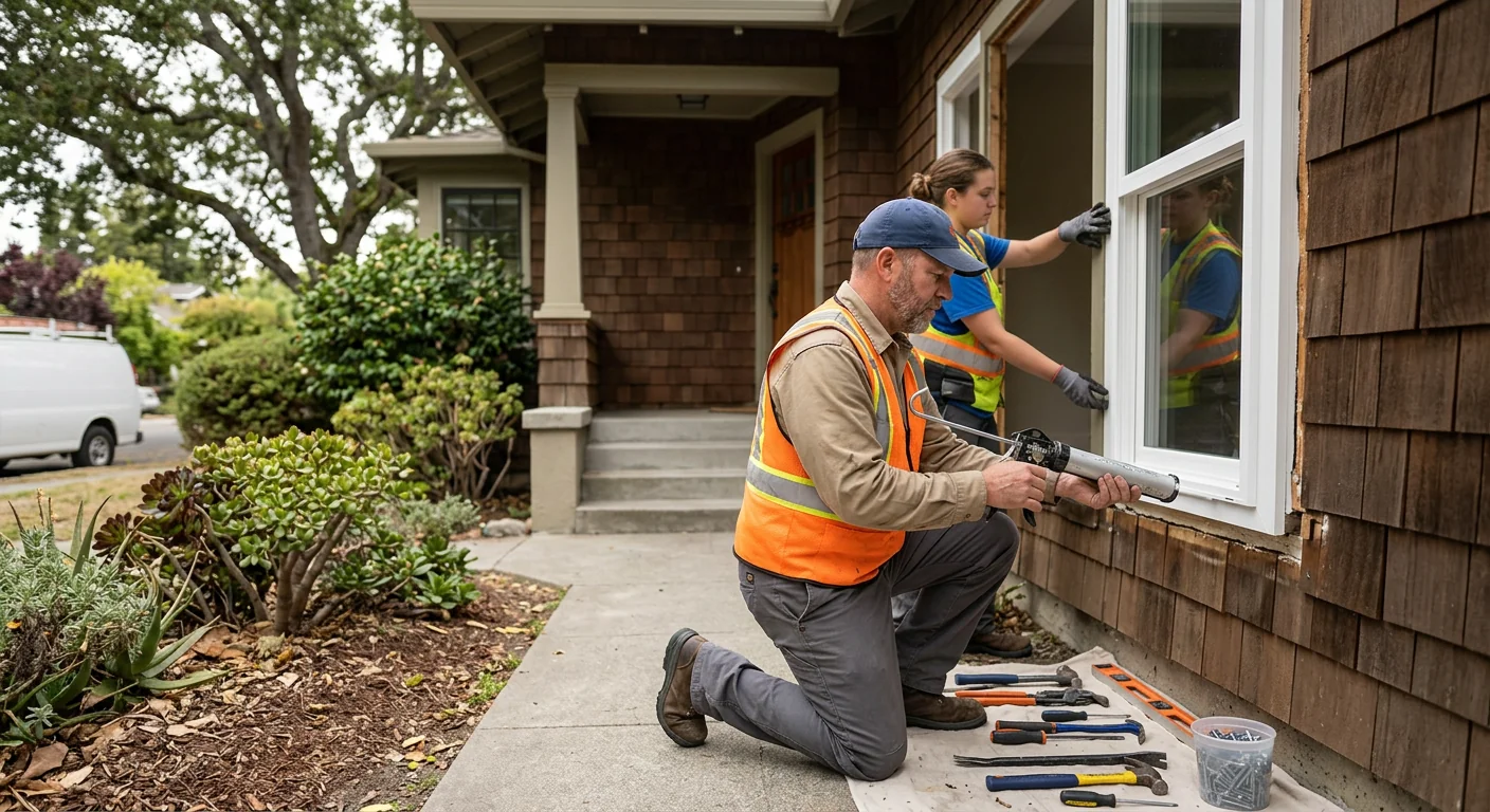 Technician fitting a new insulated glass unit into a Redwood City home window frame
