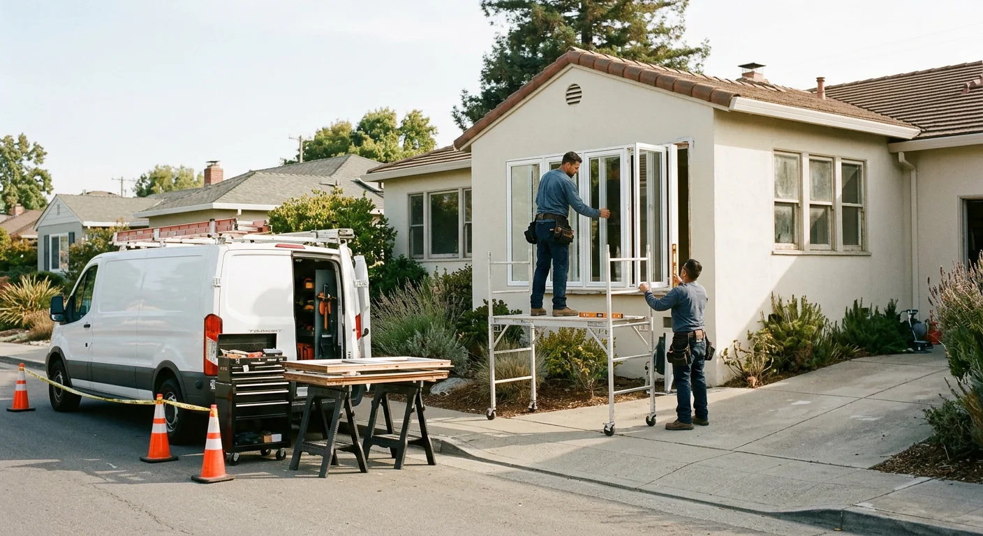 Wide shot of a Redwood City home exterior with restored front windows