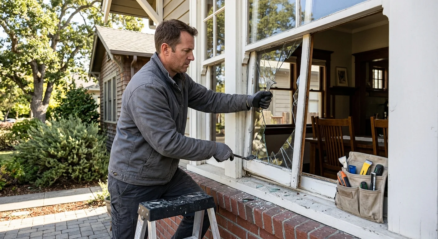 Technician removing cracked glass from a double hung window frame