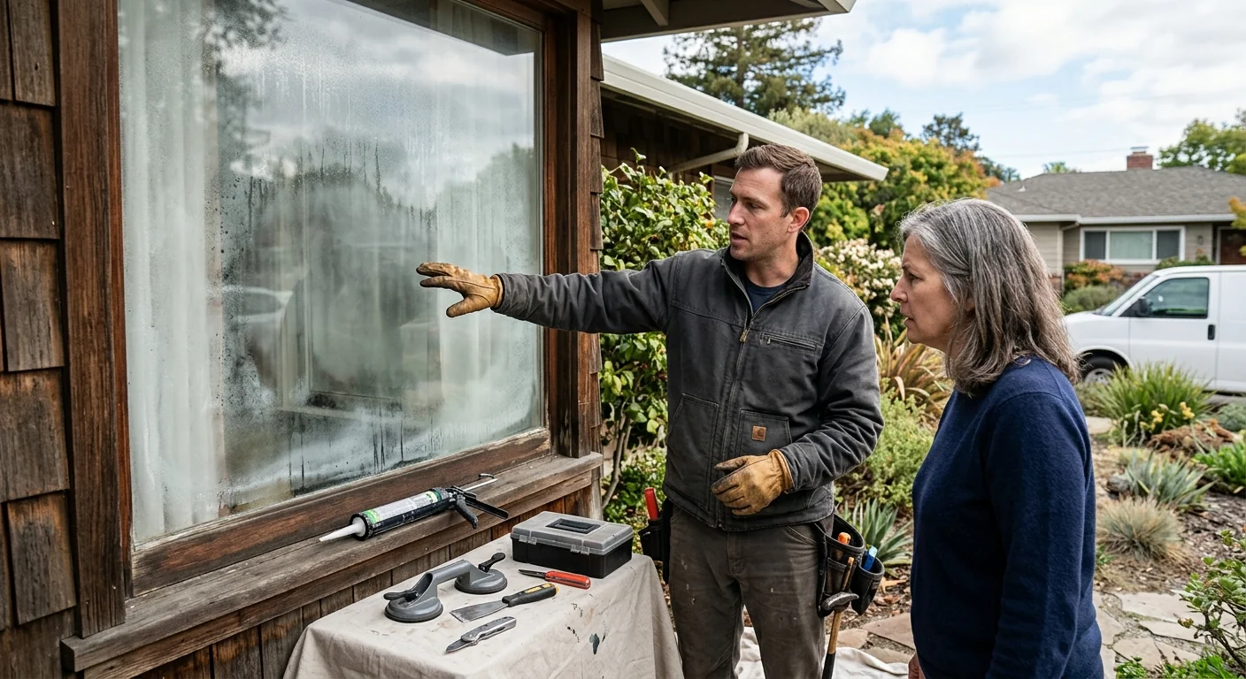 Foggy failed glass pane before replacement on a residential window