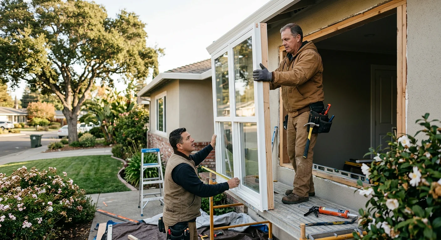 Technician inspecting a foggy window seal during a repair assessment in Redwood City