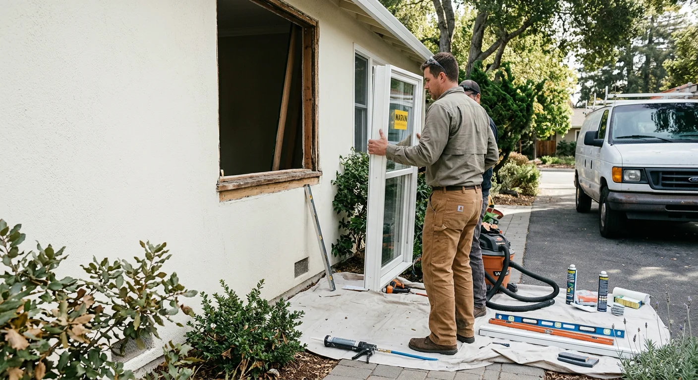 Technician resealing a fogged double-pane window on a Redwood City home exterior