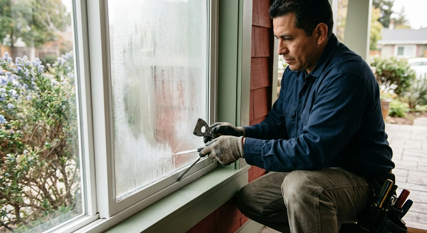 Close-up of a fogged insulated glass unit before seal replacement on a Redwood City home
