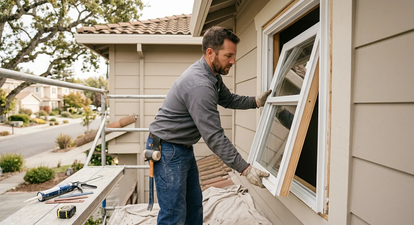 Technician resetting a double hung sash into a repaired window frame