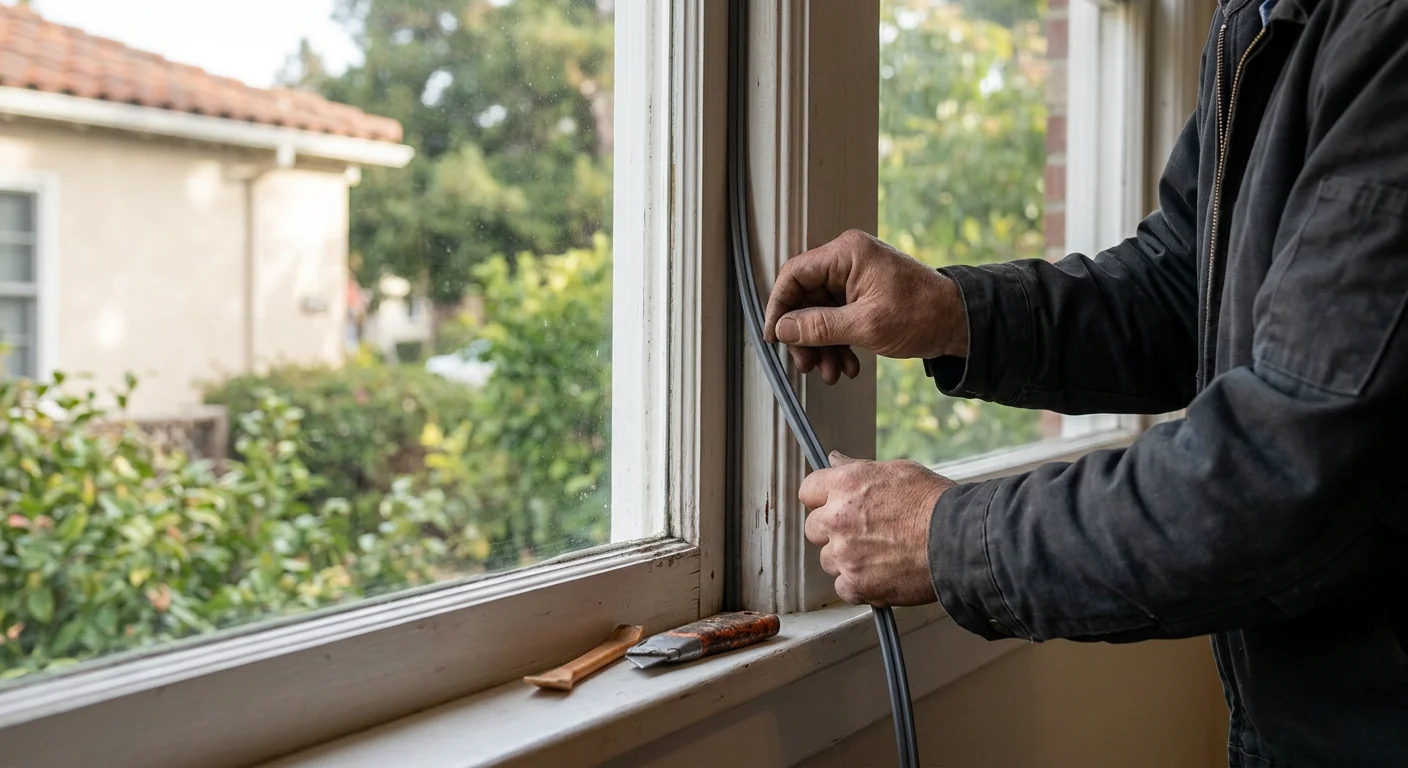 Hands installing fresh weatherstripping along a window sash channel