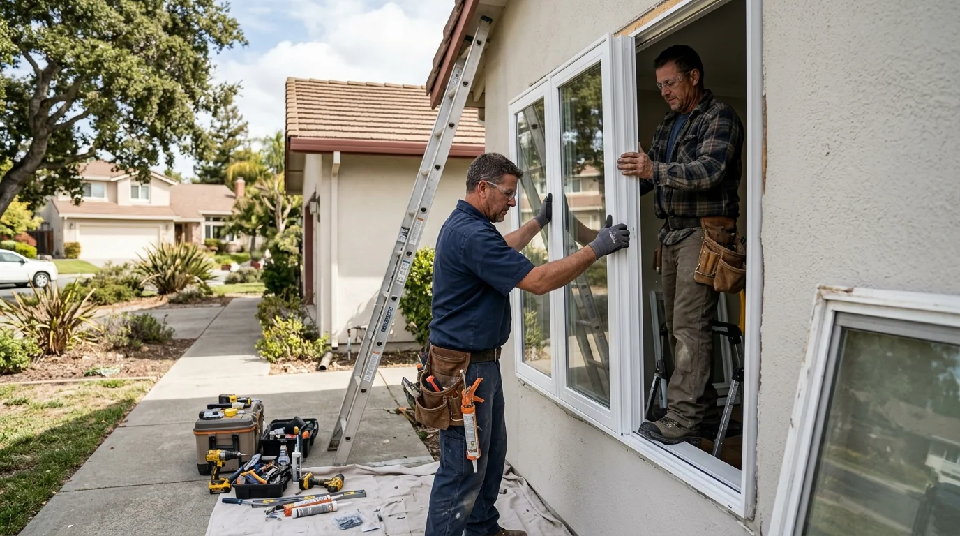 Close-up of a sealed double-pane window frame on a Redwood City house exterior