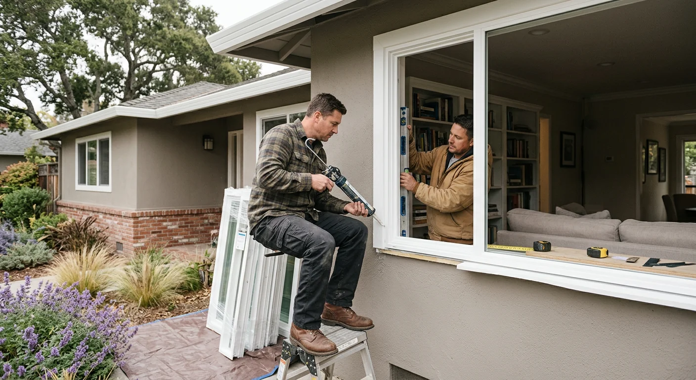 Installer fitting a new energy efficient window in a Redwood City home