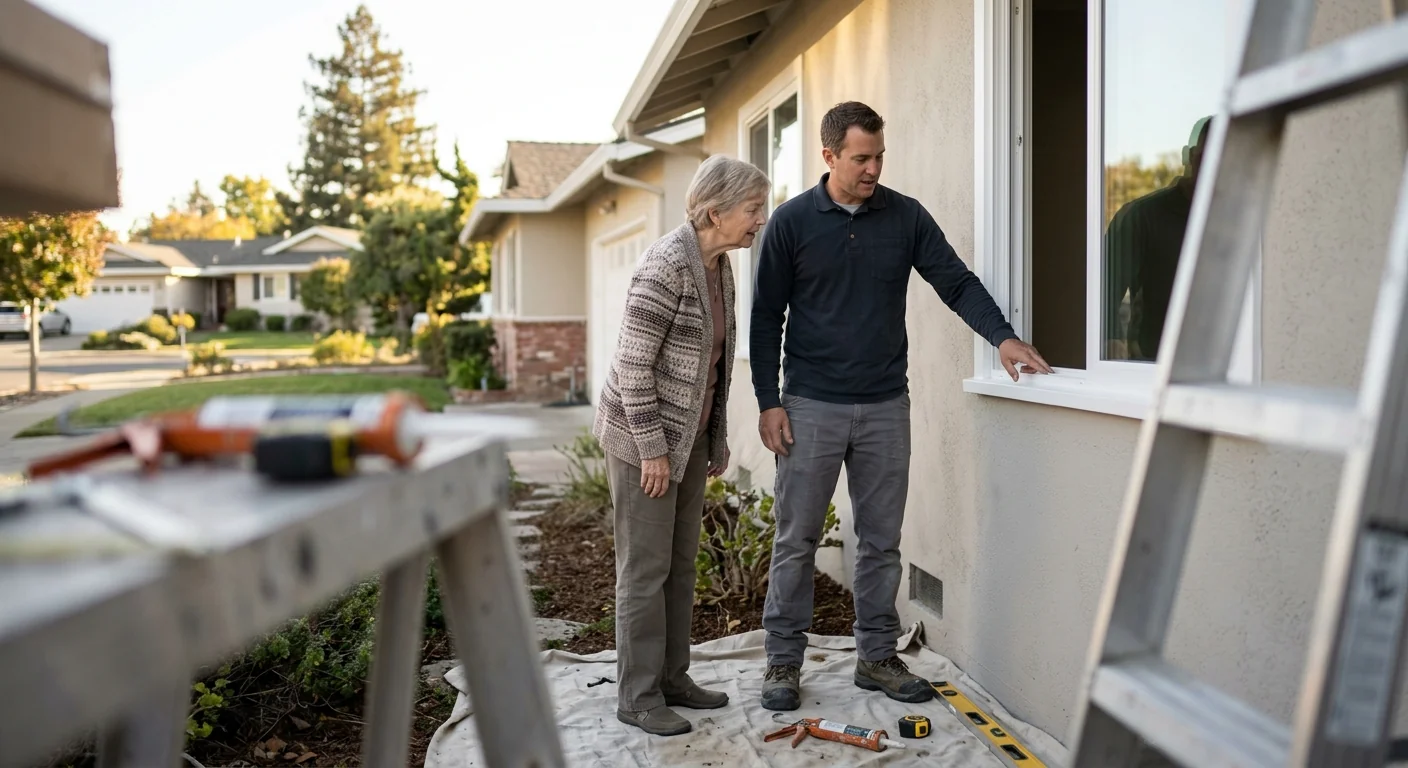 Crew setting a new double-hung window level and square in a Redwood City home