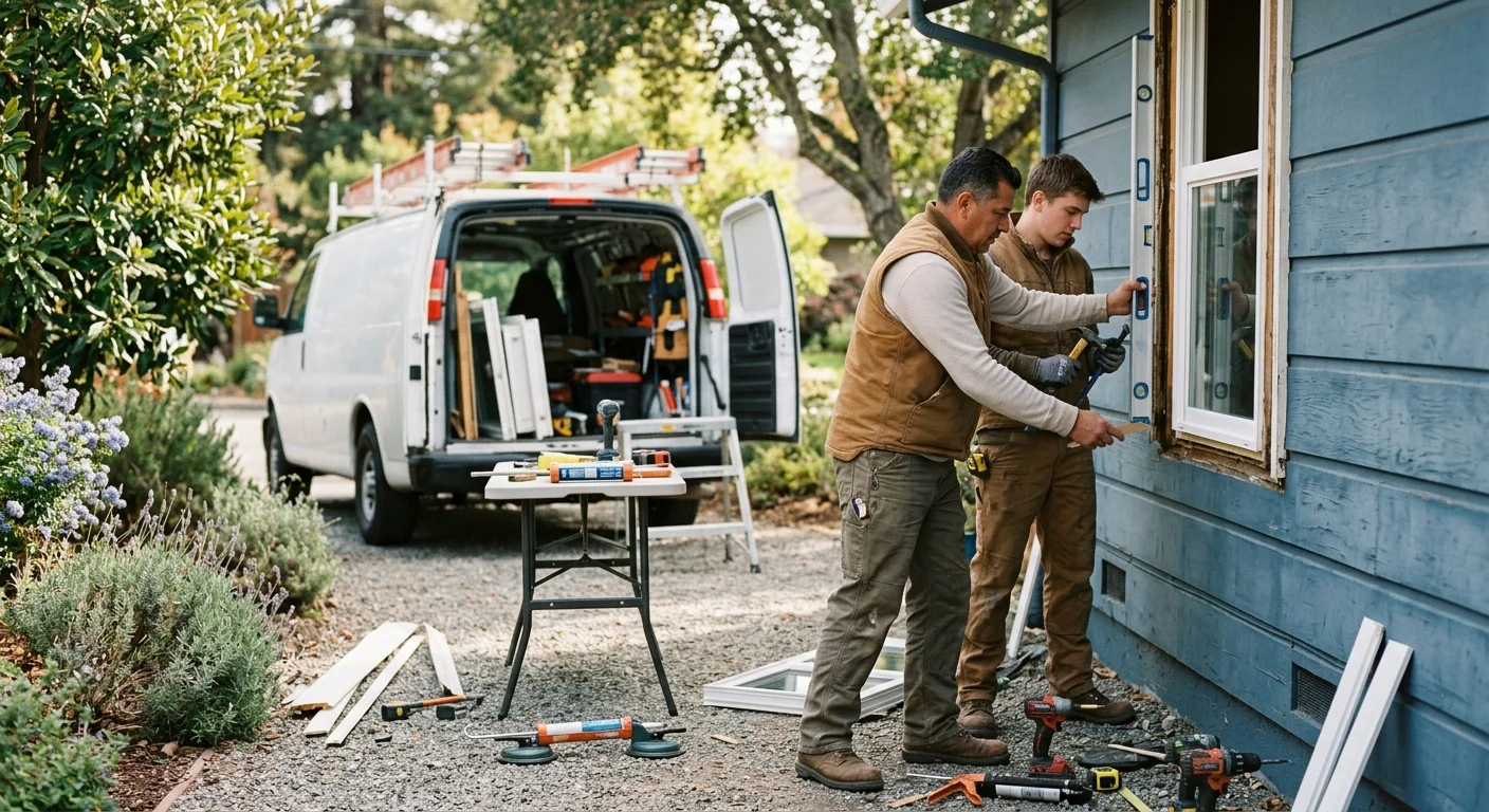 Window replacement technician measuring a home exterior frame in Redwood City