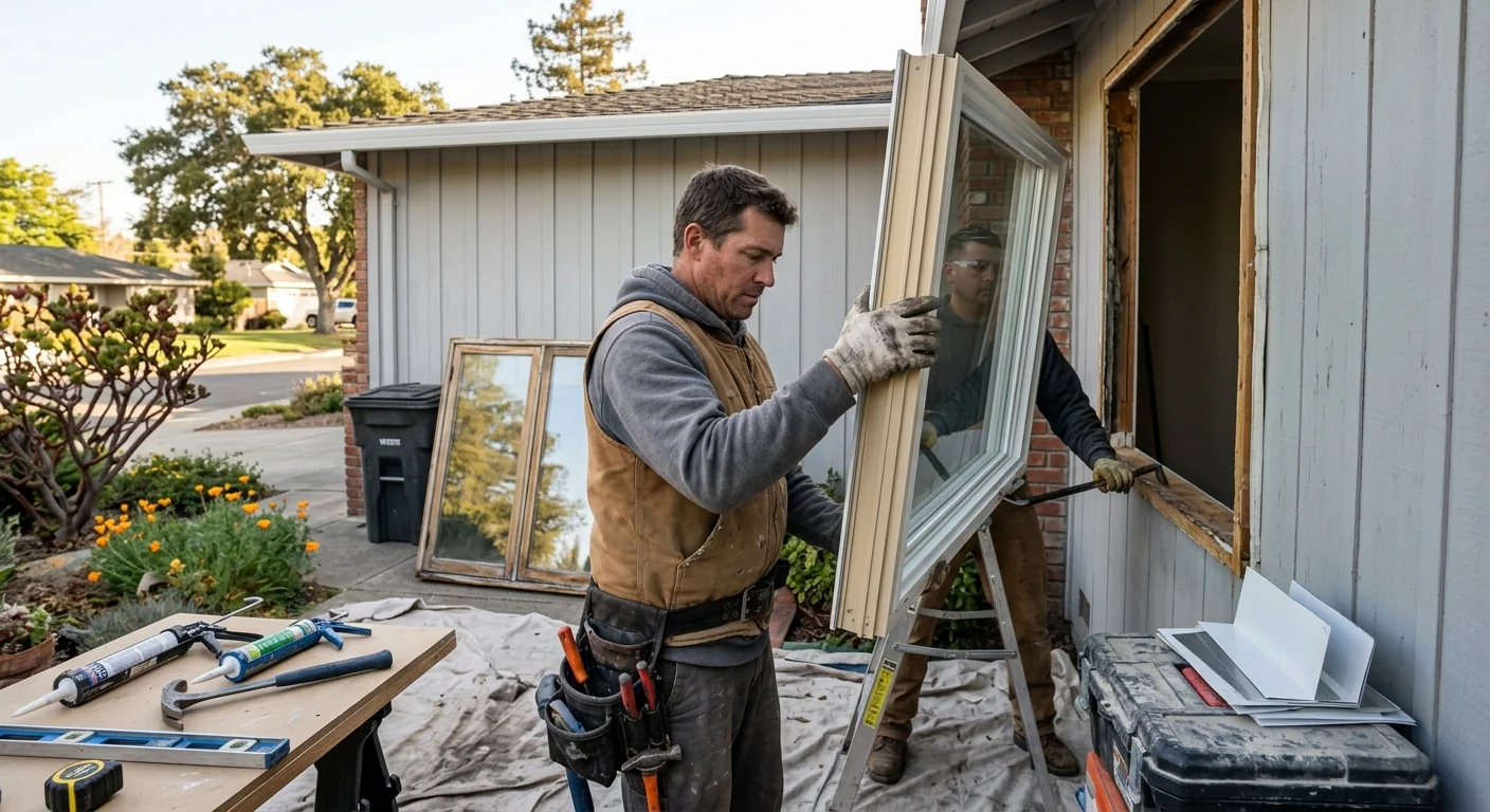 Installer fitting a new energy efficient window in a Redwood City home