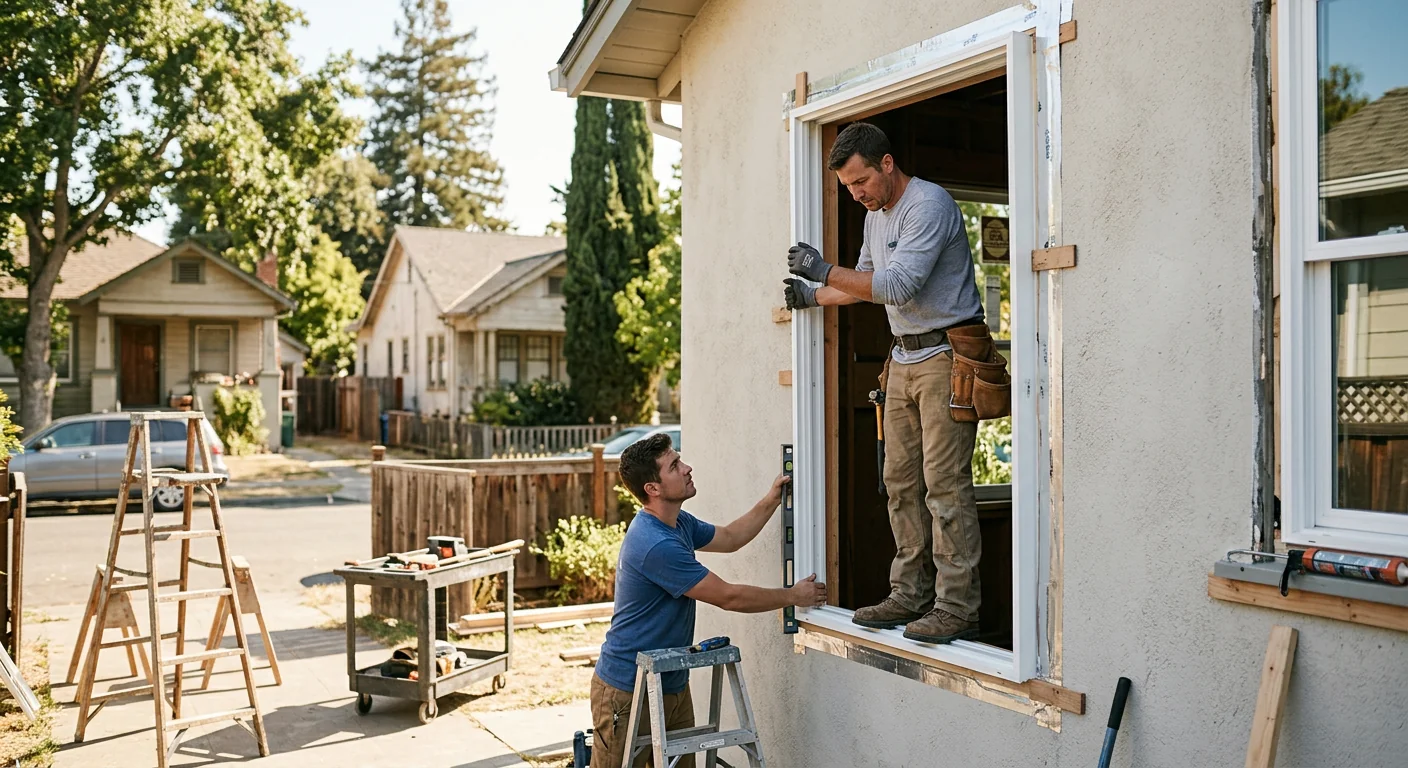 Installer completing a window replacement walkthrough with a homeowner in Redwood City