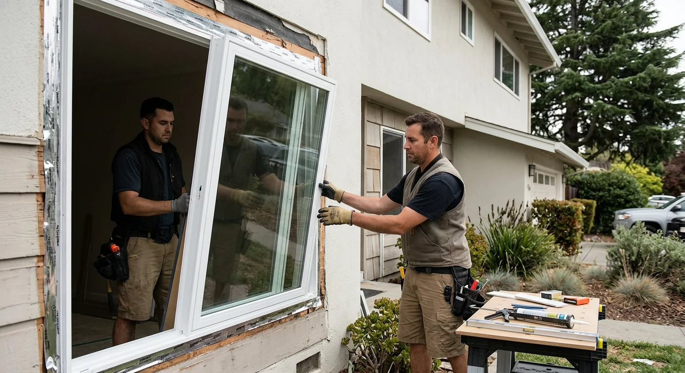 Installer setting a new insulated window into a Redwood City home opening