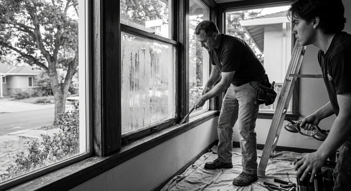 Old fogged double-pane window with failed seal before replacement