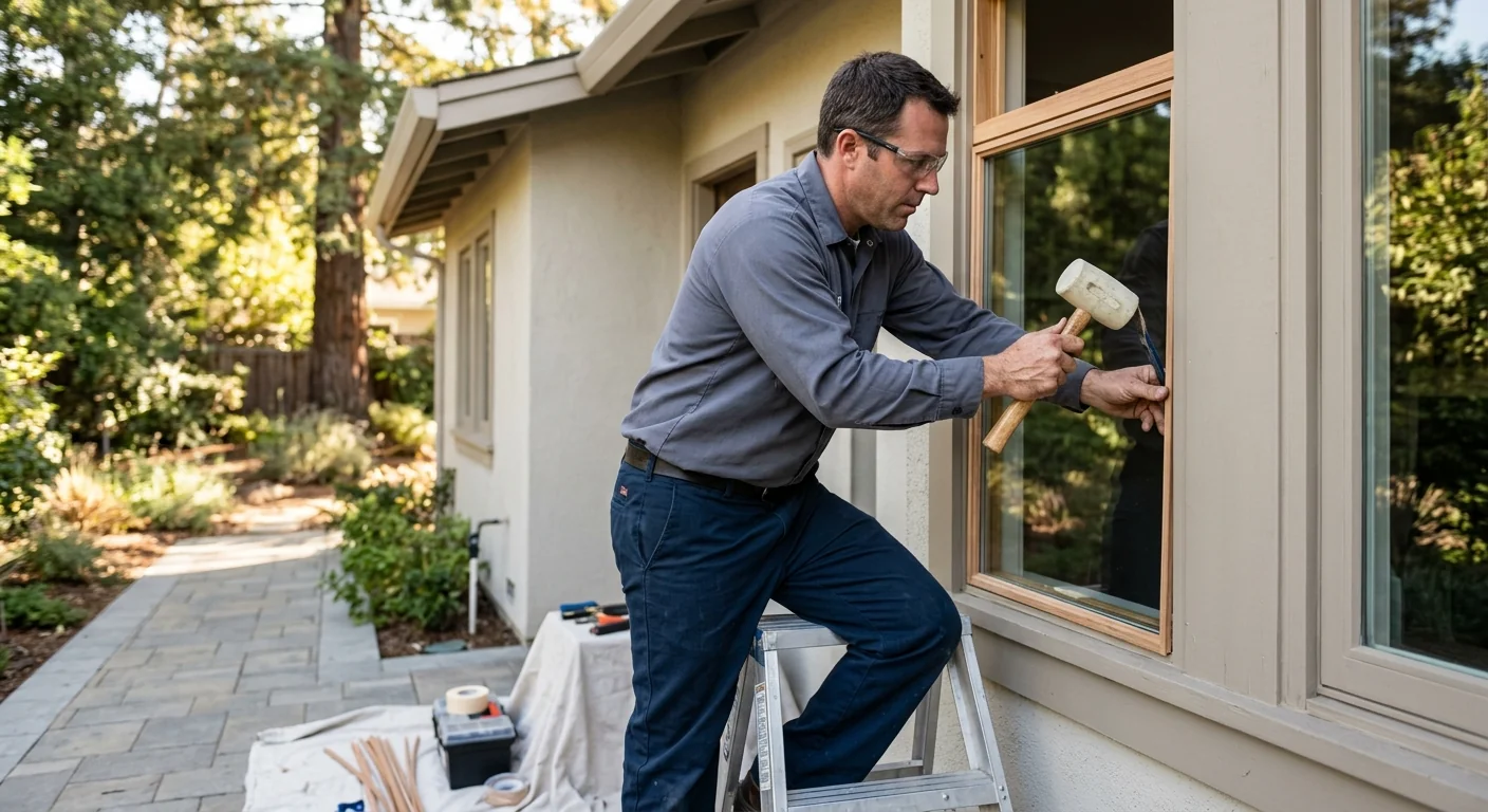 Technician applying glazing bead during window glass replacement on site