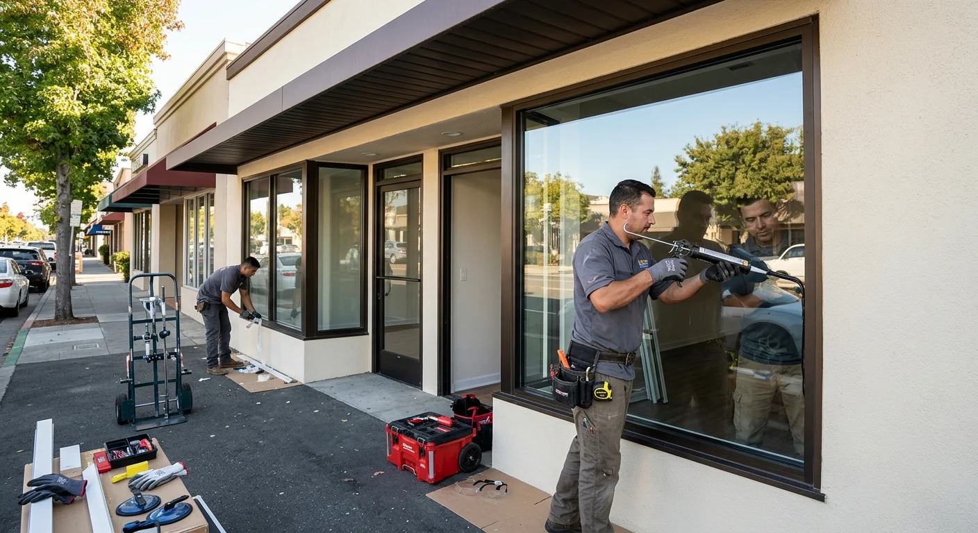 Small commercial storefront with newly replaced clear glass windows in Redwood City