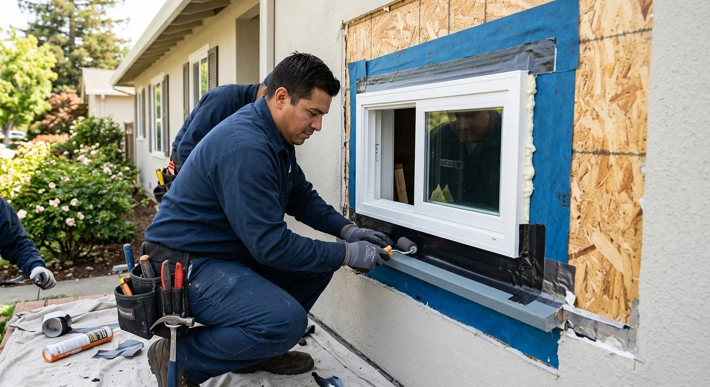 Exterior flashing and weather sealing applied around a newly set window frame