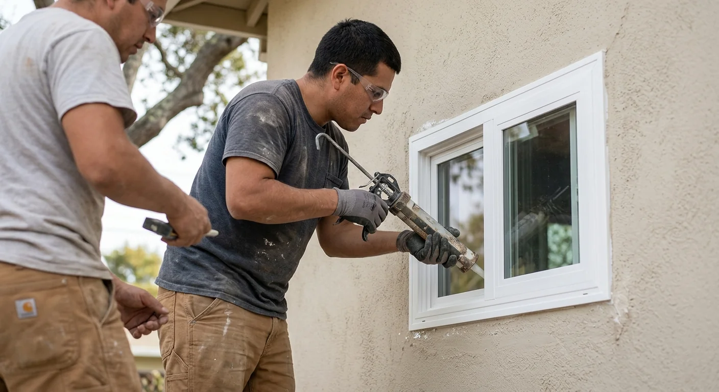 Close-up of a new dual-pane vinyl window sealed into a stucco exterior