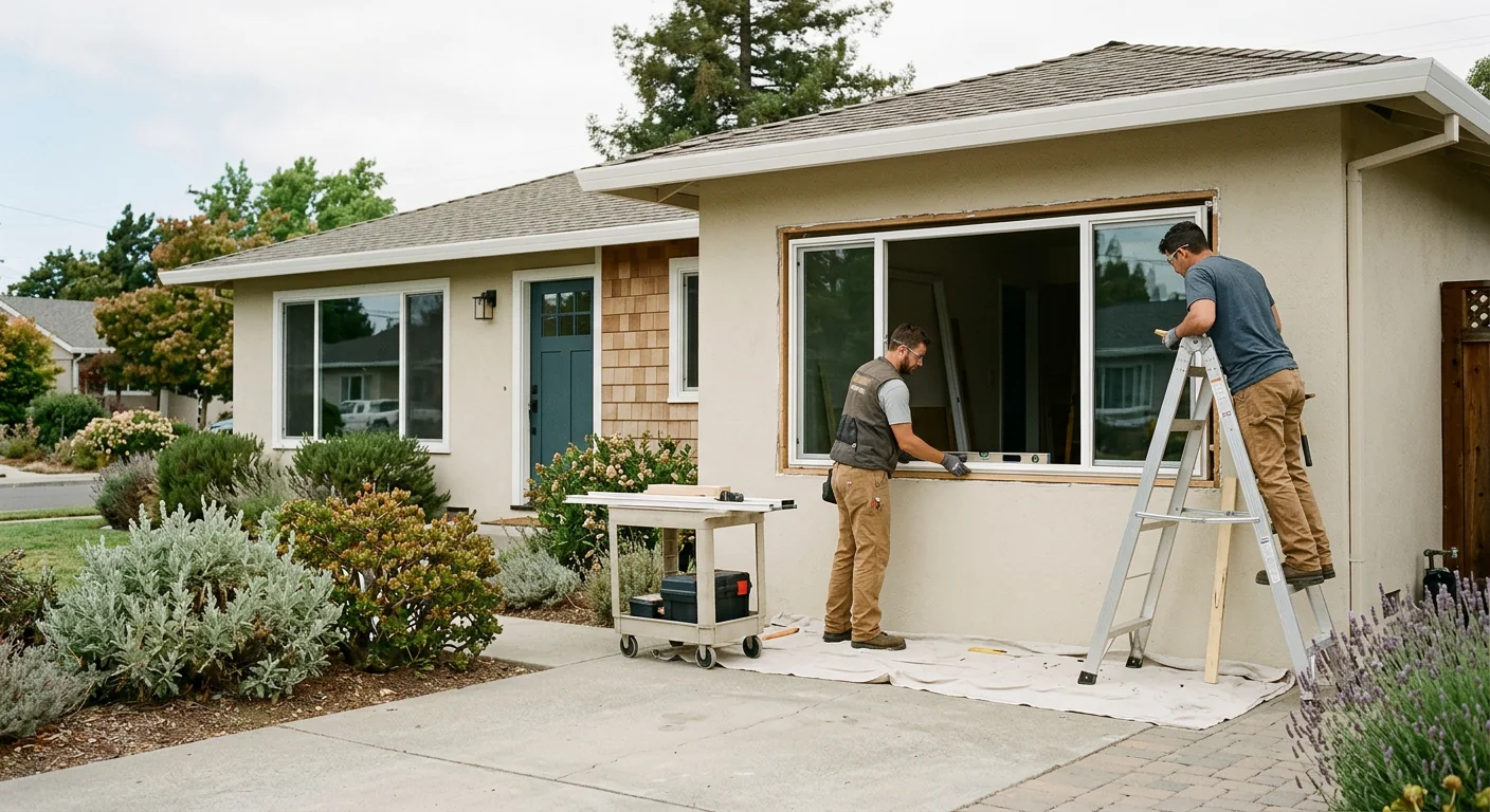 Wide shot of a Redwood City ranch home with newly replaced front windows