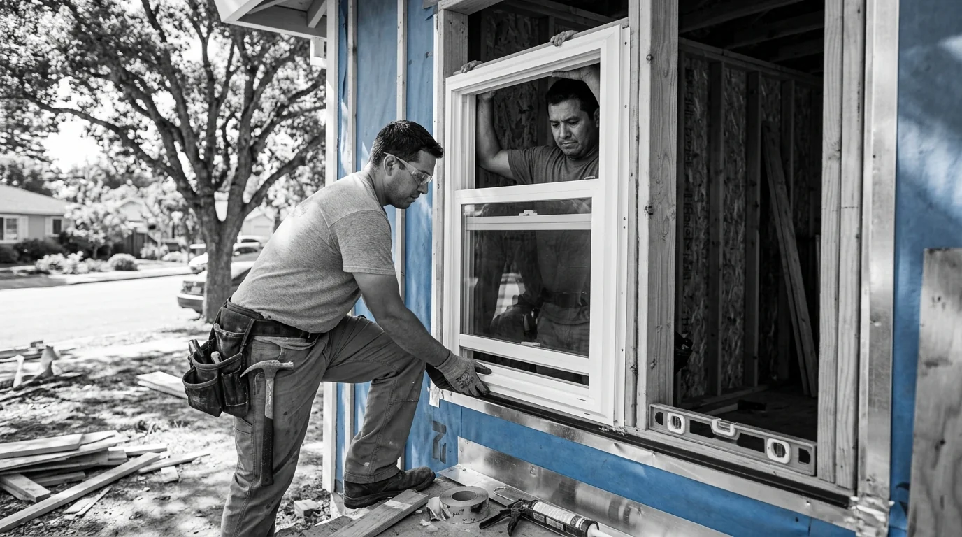 Installer setting a double hung window into a squared opening