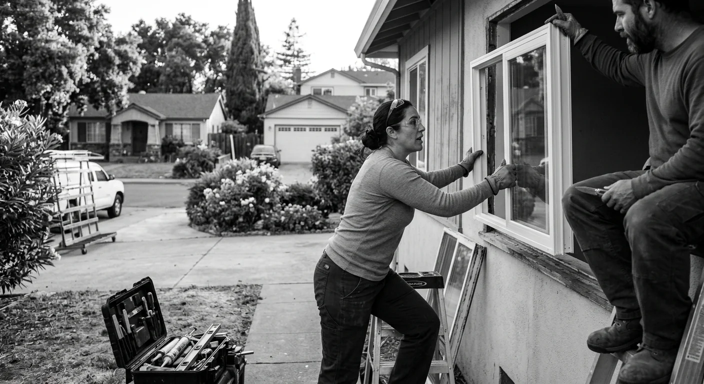 Window replacement technician inspecting glazing tools before a Redwood City installation