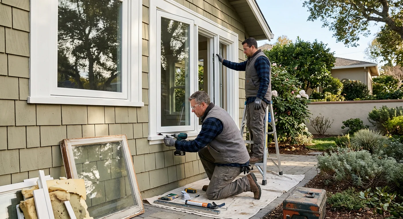 Installer fitting a replacement window in a Redwood City home