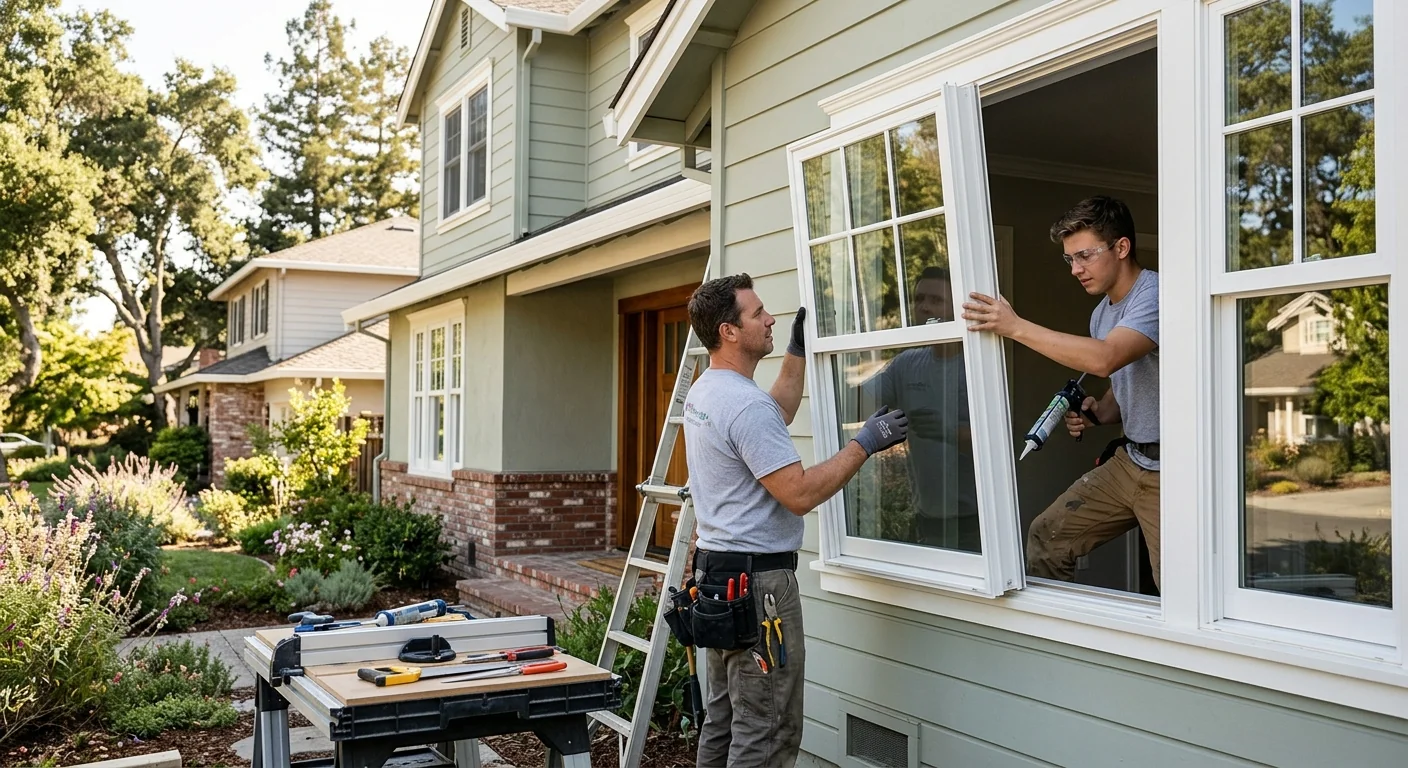 Crew reviewing new window fit during a Redwood City property walkthrough