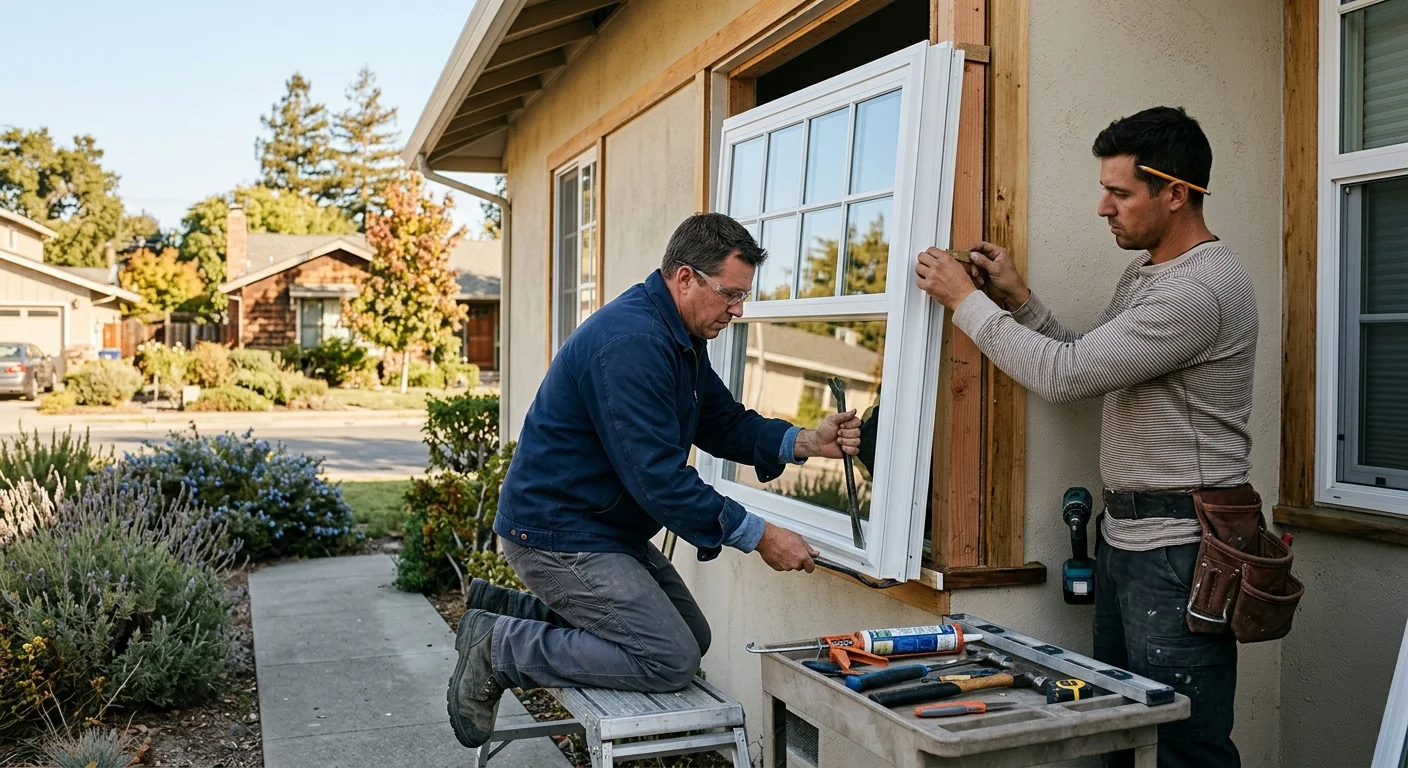 Experienced crew measuring a window opening on a Redwood City property